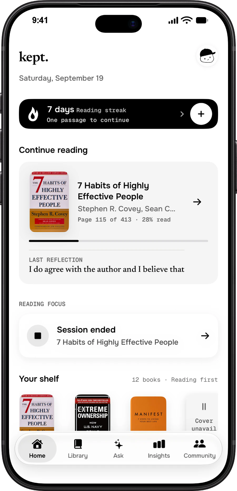 Kept Home showing a reading streak, current book, reflection, Focus session, and shelf