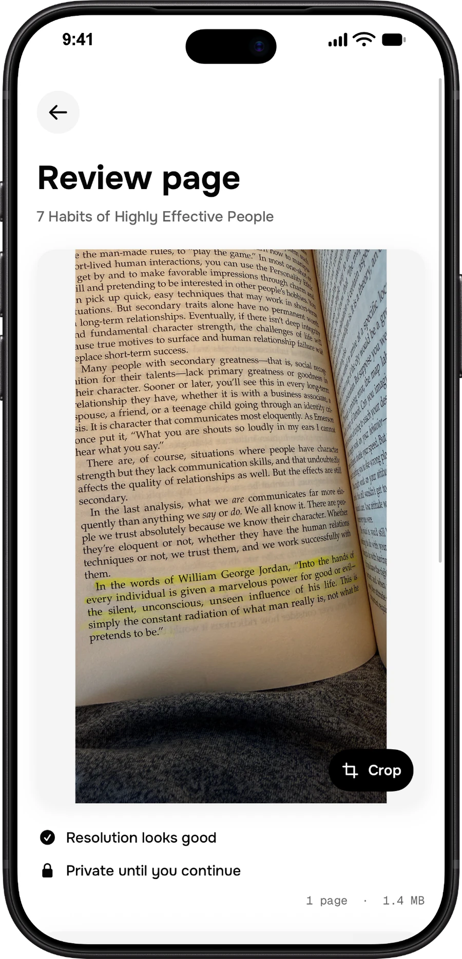 Kept review screen showing a photographed page before the reader continues